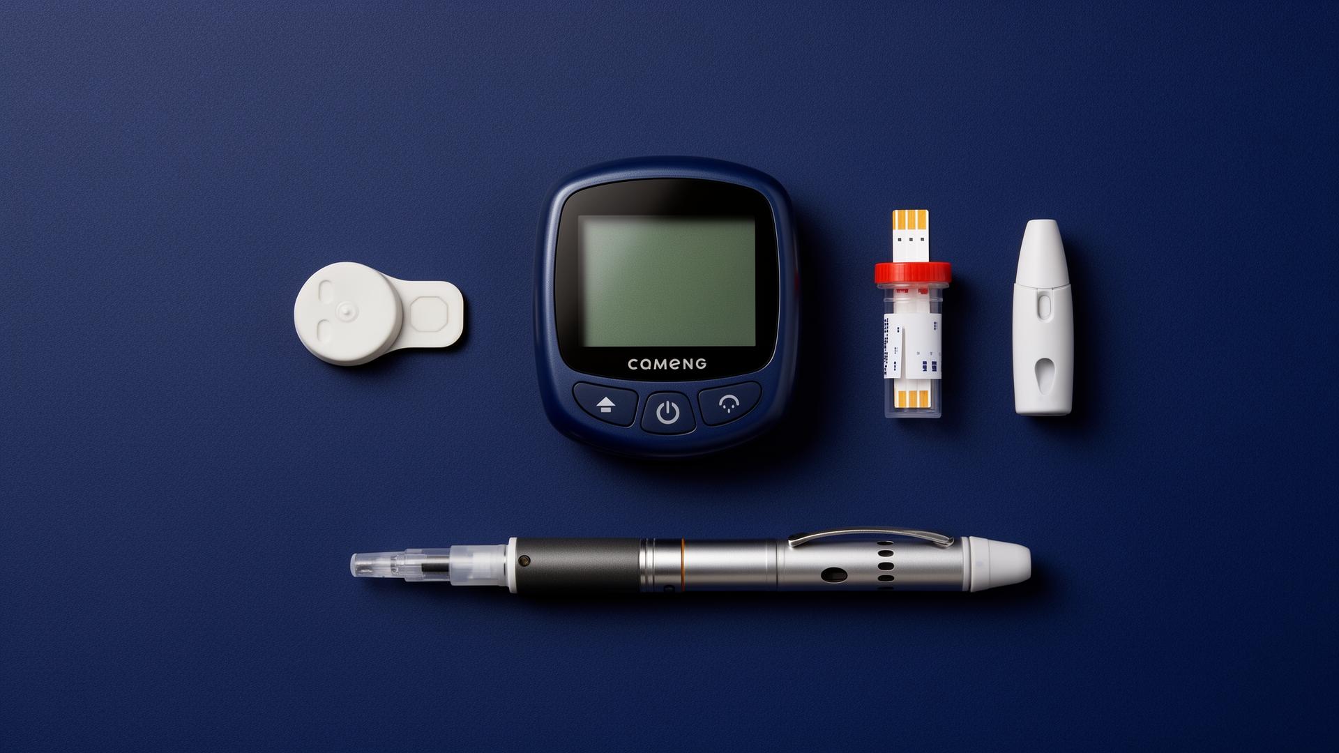 Diabetic supplies — glucose meter, CGM sensor, test strips, lancing device and insulin pen